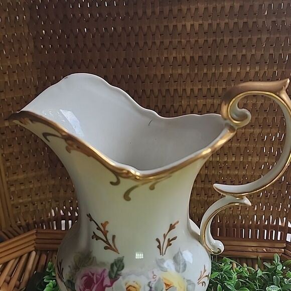 Vintage Porcelain Floral Pitcher Vase With Gold Tone Accent Coquette Bridal - Picture 4 of 17